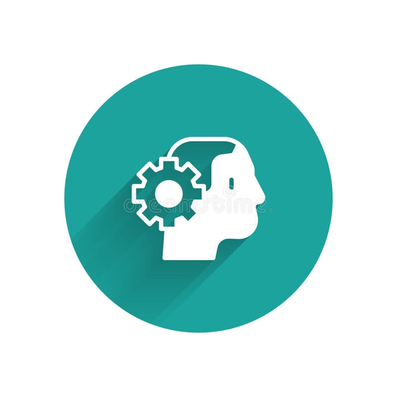 White Humanoid robot icon isolated with long shadow. Artificial intelligence, machine learning, cloud computing. Green stock illustration