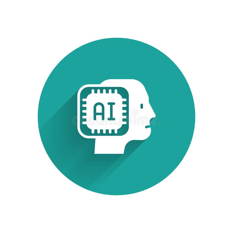 White Humanoid robot icon isolated with long shadow. Artificial intelligence, machine learning, cloud computing. Green vector illustration