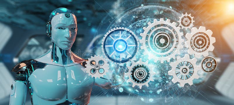 White humanoid robot using digital gears 3D rendering royalty free illustration White humanoid robot using digital gears 3D rendering royalty free illustration