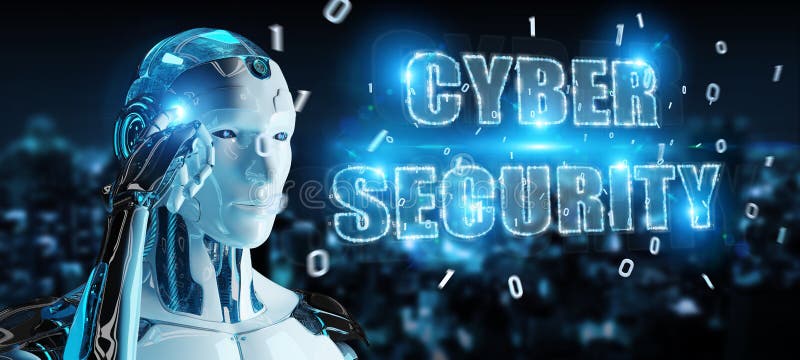 White humanoid using cyber security text hologram 3D rendering stock illustration White humanoid using cyber security text hologram 3D rendering stock illustration