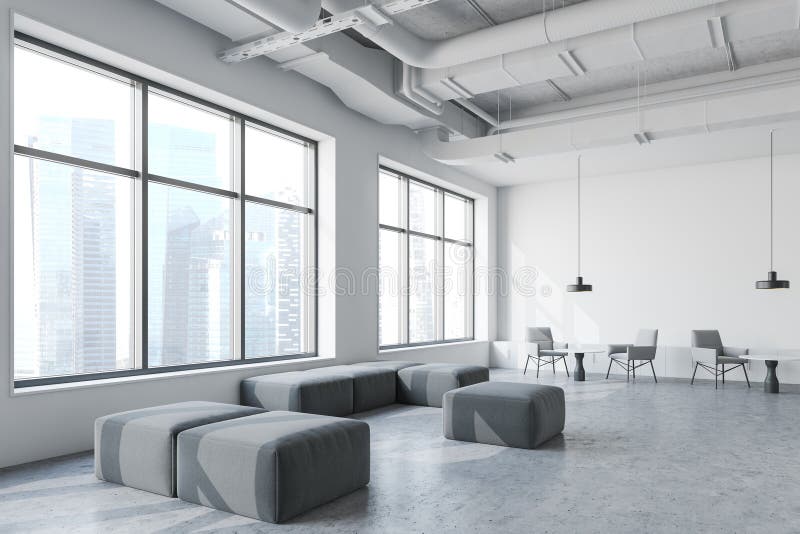 White industrial style office waiting room corner