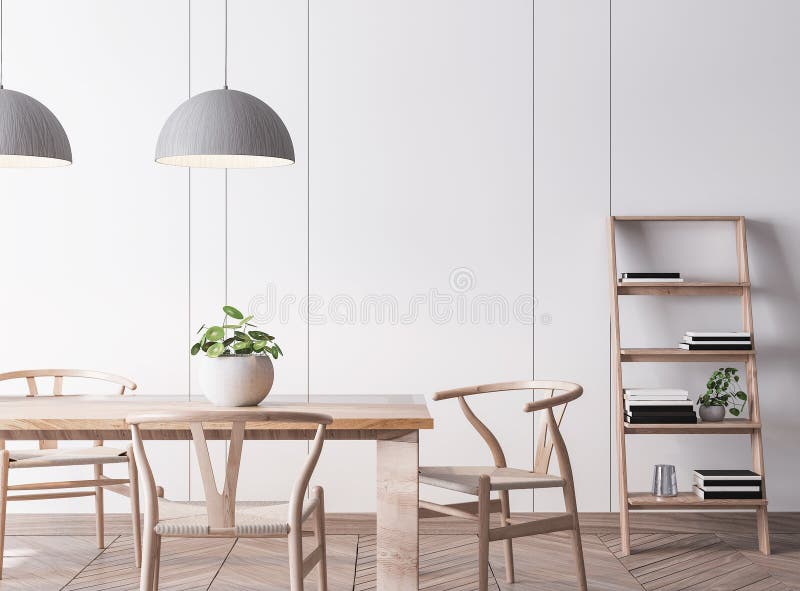 White interior Scandinavian dining room mock up. White interior Scandinavian dining room with wooden big table and wooden chairs