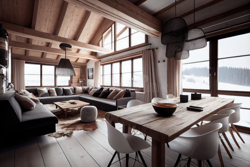white interior with soft sofas and big dining table on chalet in mountain hut