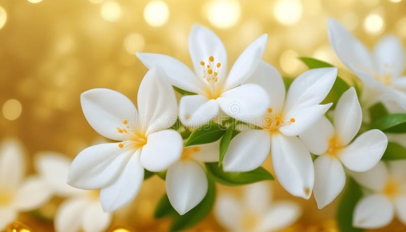 White jasmine flowers on golden bokeh background. Generative AI stock illustration