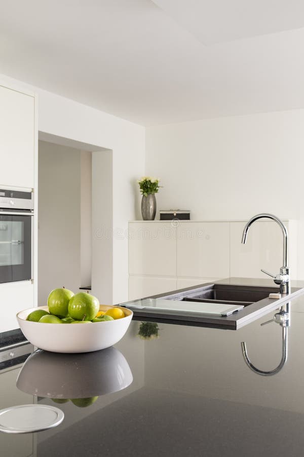 White Kitchen with Black Worktop Stock Image Image of interior