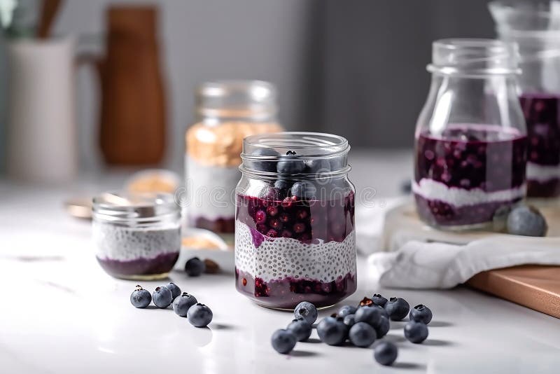 A white kitchen, Chia pudding with blueberry and jam, two portions in glass jars on a light table , generative AI tools.