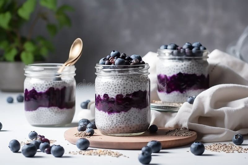 A White Kitchen, Chia Pudding with Blueberry and Jam, Two Portions in