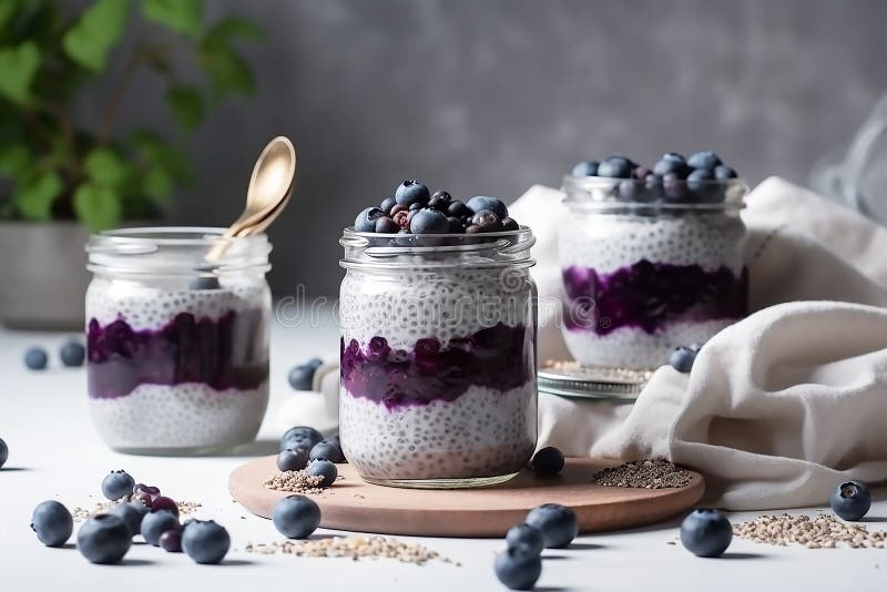 A white kitchen, Chia pudding with blueberry and jam, two portions in glass jars on a light table , generative AI tools.