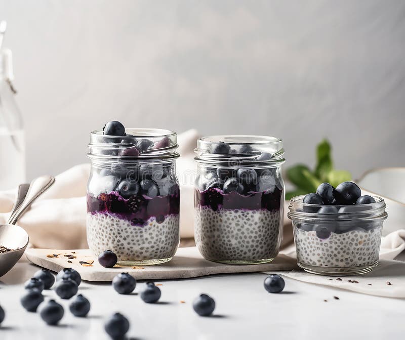 A white kitchen, Chia pudding with blueberry and jam, two portions in glass jars on a light table , generative AI tools.