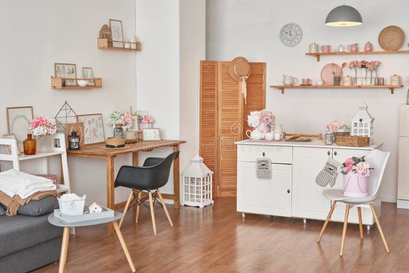 White Kitchen Interior. Crockery and Kitchen Utensils Stock Photo
