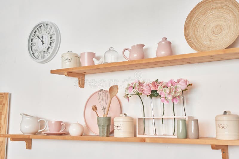 White Kitchen Interior. Crockery and Kitchen Utensils Stock Photo