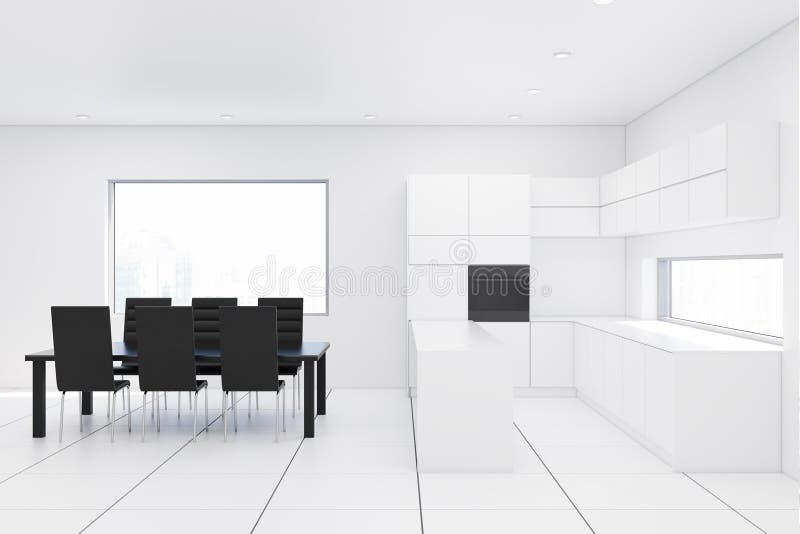 White kitchen, black table stock illustration. Illustration of