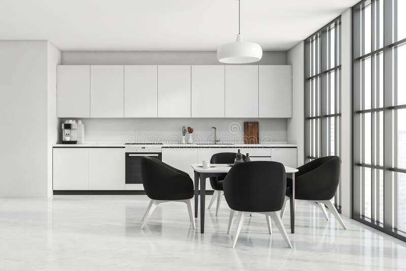 White kitchen space with panoramic windows and black armchairs vector illustration