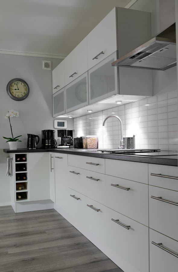 White kitchen in vertical view stock image