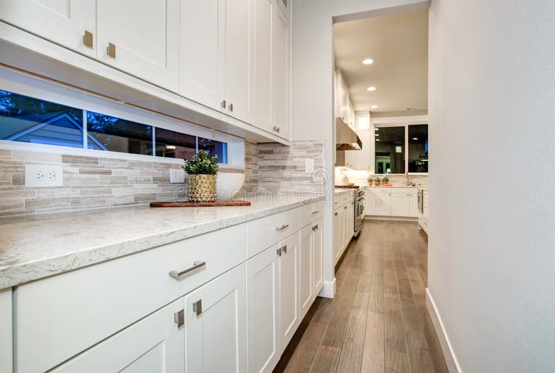 White kitchen wet bar features white modern cabinets