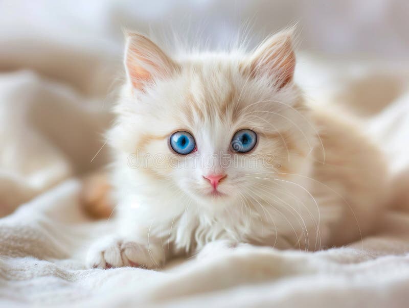 A White Kitten with Blue Eyes Laying on a Bed Stock Photo - Image of