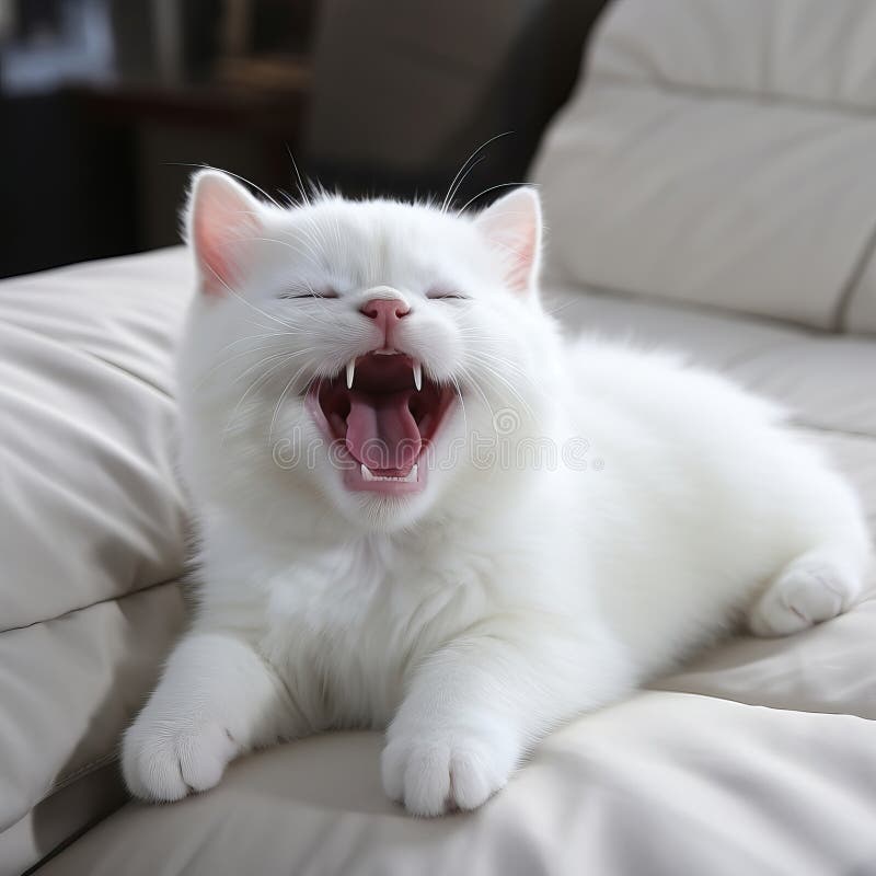 Adorable, playful white kitten enjoying a relaxing moment on the comfortable sofa. Square format. AI generated