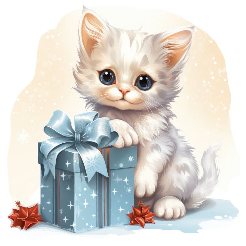 A white kitten sitting next to a blue gift box. Digital image. Pets, Christmas clipart. AI generated. A white kitten sitting next to a blue gift box. Digital image. Pets, Christmas clipart. AI generated