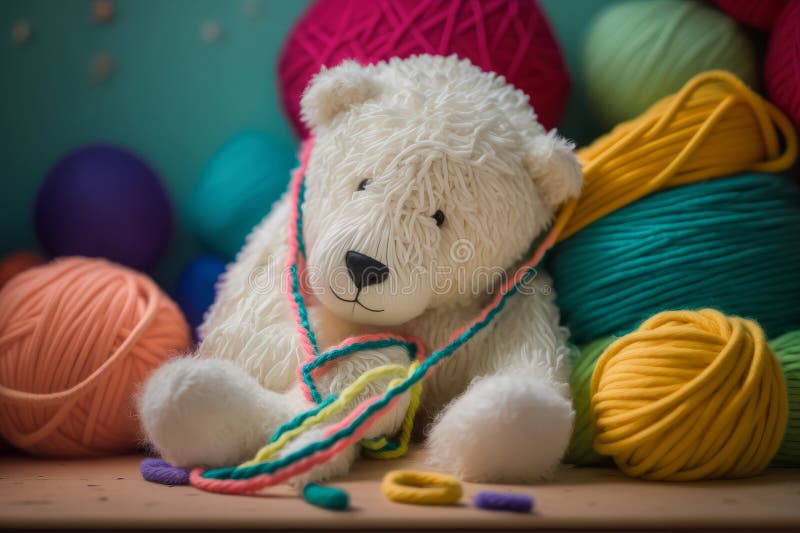 White knitted bear in balls of thread Generative AI royalty free illustration