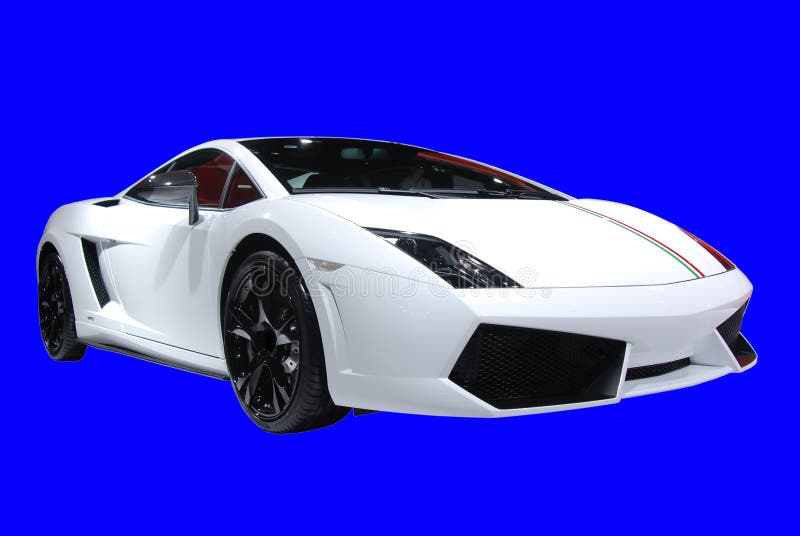 Bianco Lamborghini Coupé su sfondo blu.