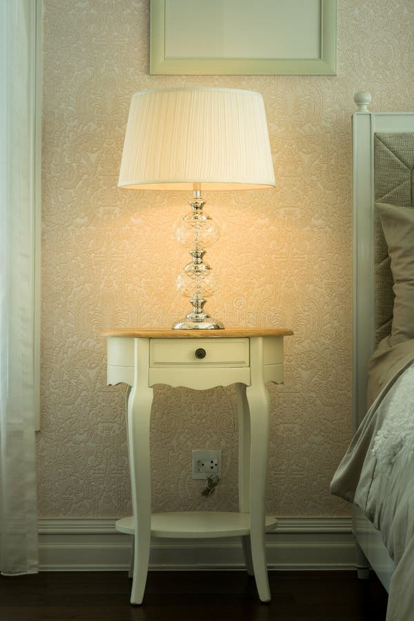 White Lamp on Bedside Wooden Table Stock Photo Image of comfort