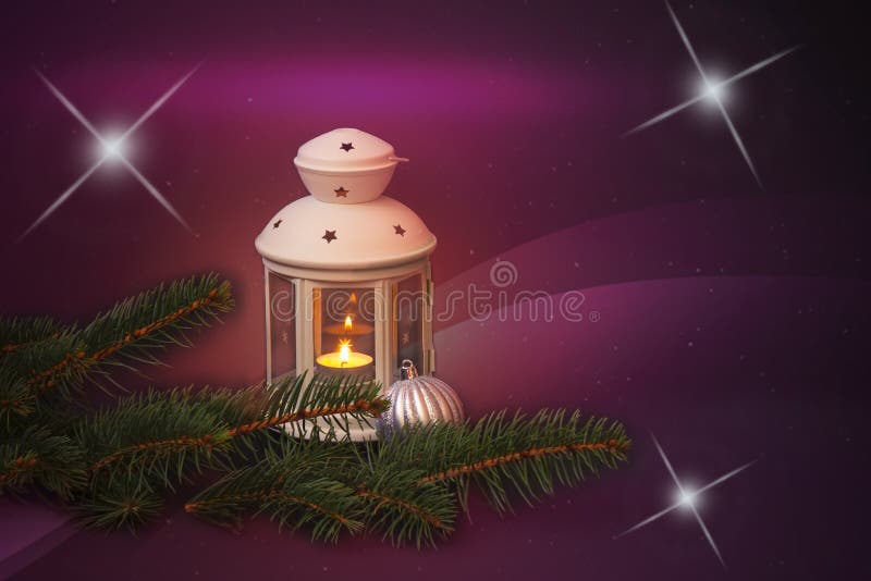 White lantern, fir branches and christmas ball