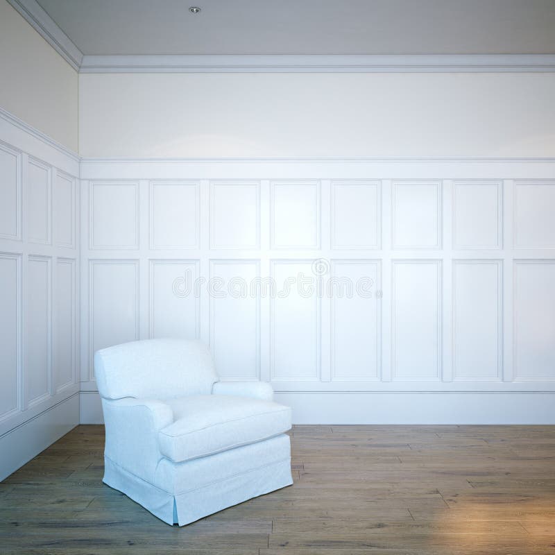 White leather classic armchair in luxury wooden interior room. 3
