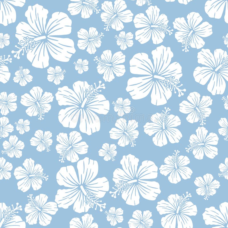 White on light blue random hibiscus flower seamless repeat pattern background