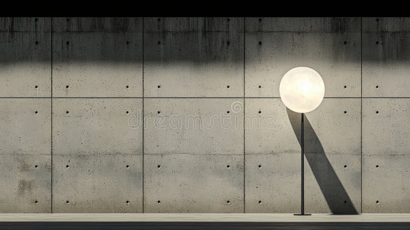 The image presents a minimalist scene featuring a concrete wall as the central element. The wall is composed of large, rectangular concrete panels, creating a textured surface. A single, round, white light fixture is mounted on the wall, casting a shadow that stretches across the wall. The light fixture is positioned on the right side of the wall, with its light source visible. The wall and light fixture are set against a dark, possibly black, background, which enhances the contrast and draws attention to the objects in the scene. Large rectangular light source stock images, royalty-free photos and pictures