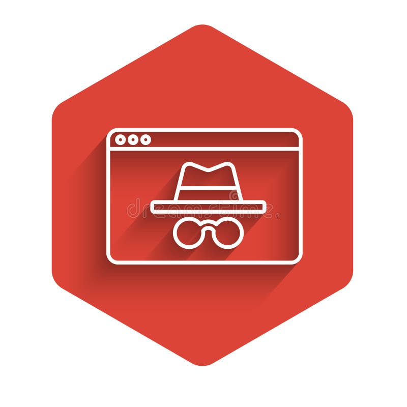 White line Browser incognito window icon isolated with long shadow. Red hexagon button. Vector royalty free illustration