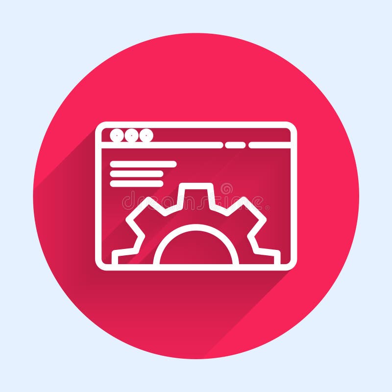 White line Browser setting icon isolated with long shadow. Adjusting, service, maintenance, repair, fixing. Red circle vector illustration