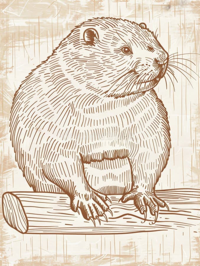 White line drawing of a beaver on a light brown wood-grain background with subtle texture. The royalty free stock photography