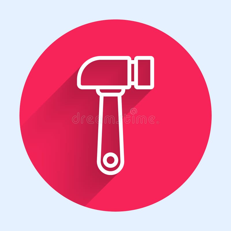 White Line Hammer Icon Isolated with Long Shadow. Tool for Repair. Red