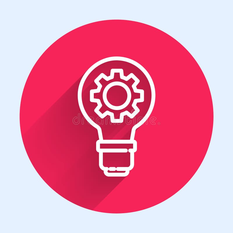 White line Light bulb and gear icon isolated with long shadow. Innovation concept. Business idea. Red circle button royalty free illustration