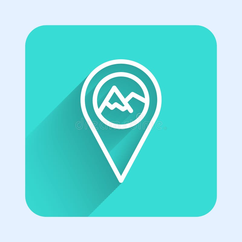 White line Map pointer with mountain icon isolated with long shadow. Mountains travel icon. Green square button. Vector.