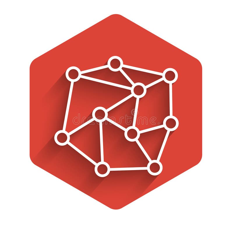 White line Neural network icon isolated with long shadow. Artificial Intelligence. Red hexagon button. Vector vector illustration