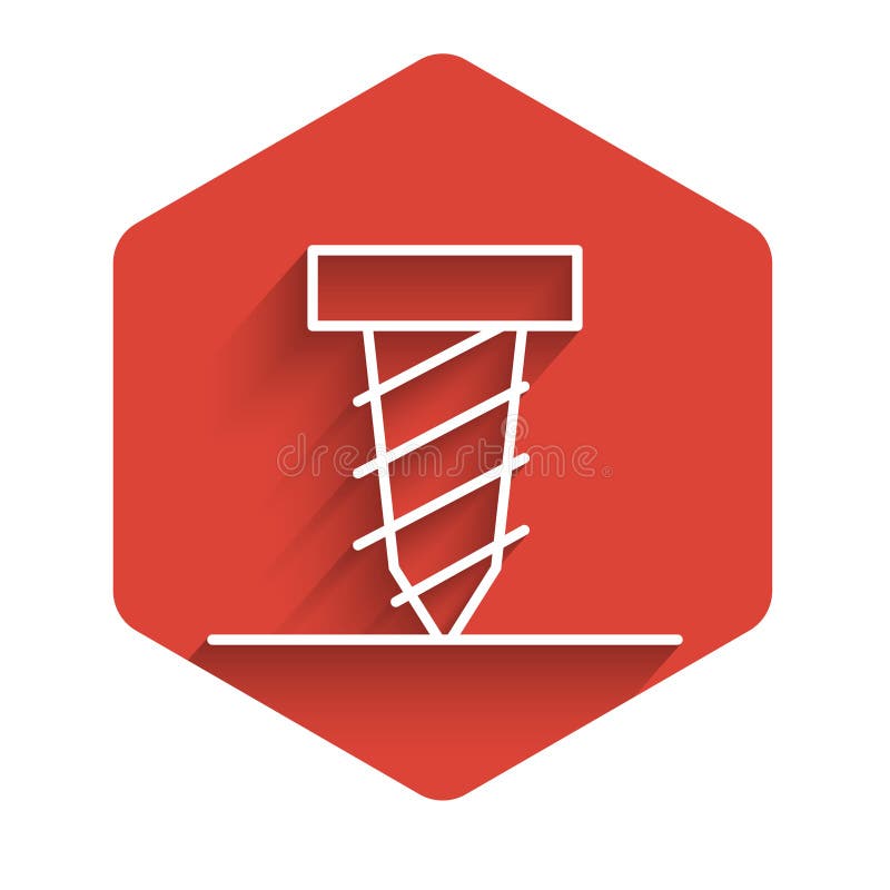 White line Rotating drill digging a hole in a ground icon isolated with long shadow. Red hexagon button. Vector royalty free illustration