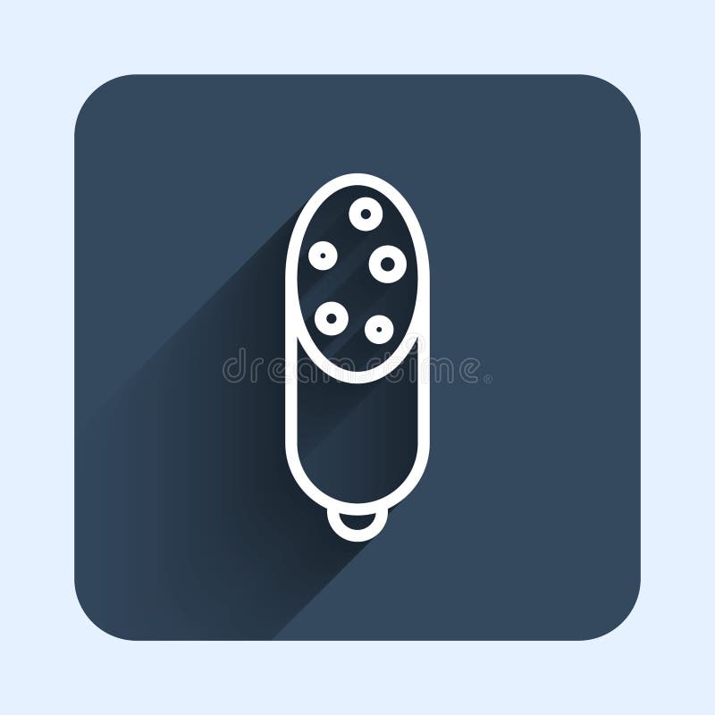 White line Salami sausage icon isolated with long shadow background. Meat delicatessen product. Blue square button. Vector.
