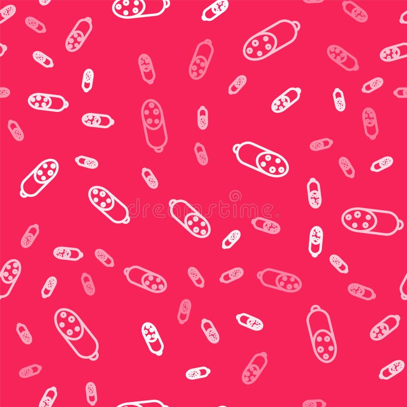 White line Salami sausage icon isolated seamless pattern on red background. Meat delicatessen product. Vector.