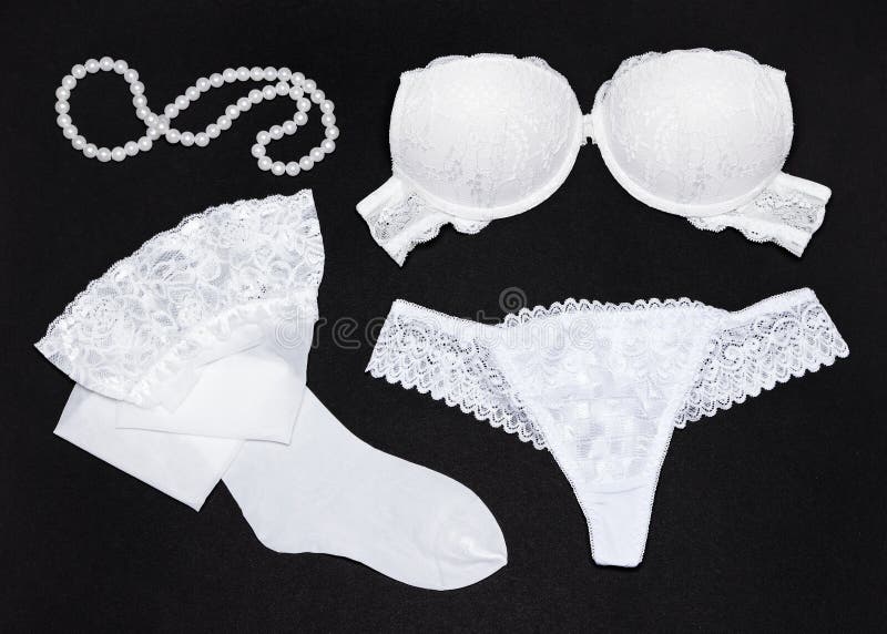 White Lingerie Set And Pearl Strand On Black Background Stock Image Image Of Fiancee Personal
