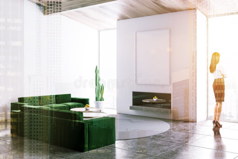 White living room, green sofa, poster, woman stock photos White living room, green sofa, poster, woman stock photos