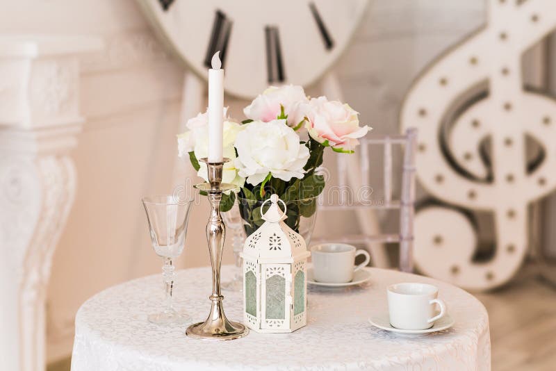 White Living Room Interior Design with Artificial Flower Vase Stock