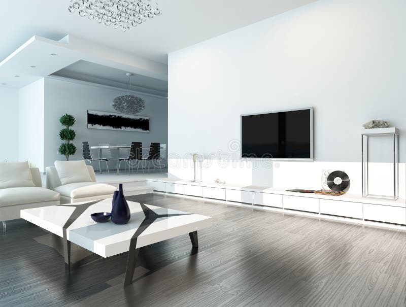 White Living Room Interior with Modern Furniture Stock Illustration