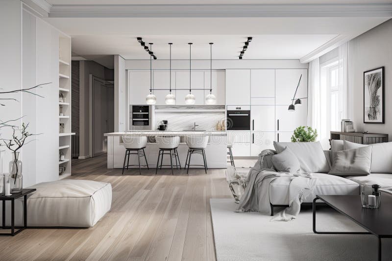 White Living Room and Kitchen Interior Generative AI Stock Illustration