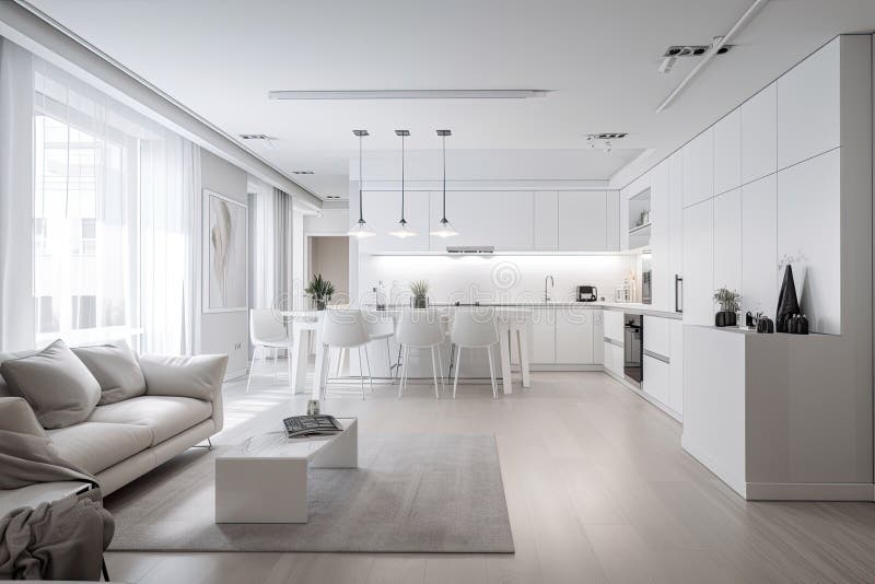 White Living Room and Kitchen Interior Generative AI Stock Illustration