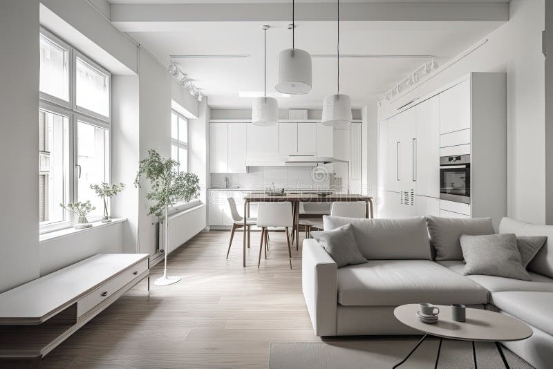 White Living Room and Kitchen Interior Generative AI Stock Illustration