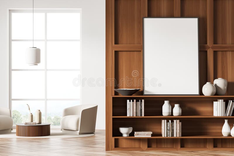 White living room seating and frame standing on bookshelf