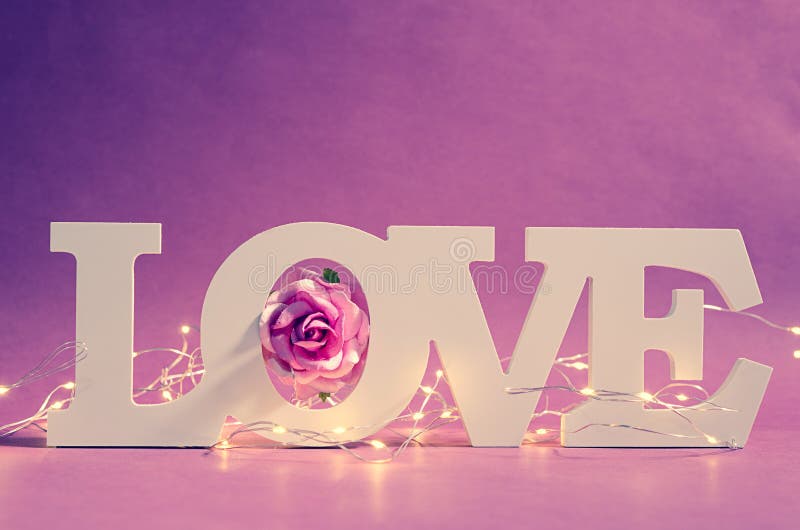 White Love Text Wood And Led Light With Pink Rose