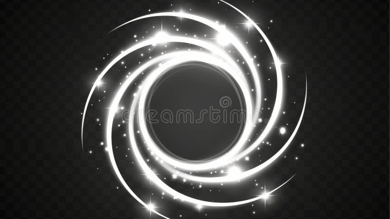 A white magic spiral vortex line light glow effects on a transparent background. Shiny wind curve flare with sparkling royalty free stock images