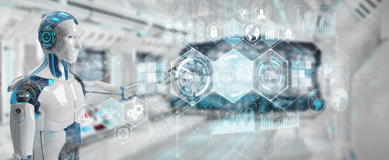 White male cyborg using digital datas interface 3D rendering royalty free illustration